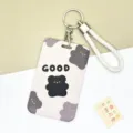 Cute plastic card holder with cute bear pattern, wrist strap and keychain for students. - GOOD Bear / White Cord