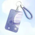 Purple starry sky ID card holder with braided strap and metal keychain for daily use. - Purple Ringed Planet + Purple Hand Rope