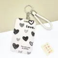 White braided lanyard plastic card holder with black heart pattern and cute love quote design. - Gray Background Black Heart / White Cord