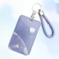 Purple galaxy badge card holder with braided strap and key ring, clear ID protector case. - Purple Moon Planet + Purple Hand Rope