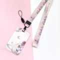 Pink rose planet pattern ID card holder with lanyard cute student bus pass protective case - Moon Rose / Long Lanyard