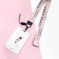 Pink rose print ID card holder with matching lanyard cute campus card sleeve badge holder - Rose Petals / Long Lanyard
