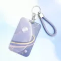 Purple starry sky aesthetic card holder keychain with braided strap, cute ID badge cover case. - Gold Large Planet + Purple Hand Rope