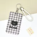 Grey and white plaid ID card holder with cute bear design and lanyard for students. - Grid Black Bear / White Cord