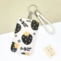 Plastic card holder variant, push-type student ID bus card sleeve with white braided wrist strap - Black Strawberry / White Cord