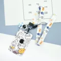 Cute astronaut cartoon card holder with matching lanyard and pendant for students and office use. - Puppy and Astronaut + Blue Astronaut Long Lanyard (Blue Figure)