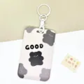 Sliding card holder with cute black bear pattern and keychain for students and daily commuting. - GOOD Bear / White Handcuff Buckle