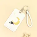 Porte-carte mignon chat noir dessin animé avec lanière tressée blanche pour étudiants. - Chat Noir Croissant de Lune / Cordon Blanc