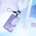 Purple starry sky badge holder with constellation lanyard, cute student id card protector case - Purple Ringed Planet + Blue Constellation Lanyard