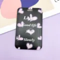 Black card holder with pink heart pattern and inspiring quote for daily badge and bus card use. - Black with Small Hearts / No Accessories