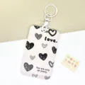 Sliding card holder with cute heart pattern and key ring, practical commuter bus card protector. - Grey with Hearts / White Handcuff Buckle