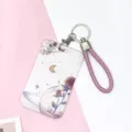 Porte-carte rose motif rose avec lanière tressée porte-badge mignon design céleste porte-clés - Lune Rose / Cordon Rose