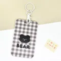 Cute checkered card holder with black bear design, perfect for student bus and ID cards. - Grid Black Bear / White Handcuff Buckle