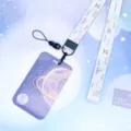 Purple starry sky ID card holder with matching lanyard, cute galaxy design and cute aesthetic. - Gold Ringed Planet + Blue Constellation Lanyard