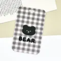 Black and white plaid card holder with cute bear design, durable plastic badge protector case. - Grid Black Bear / No Accessories