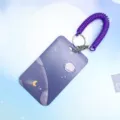 Purple starry aesthetic card holder with sliding cover and wrist strap for ID badge protection. - Purple Moon Planet + Purple Spring Rope