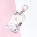 Porte Carte ID Motif Rose Céleste Étui de Badge Mignon avec Porte-clés Variante Rose - Lune Rose / Boucle de Menottes Rose