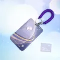 Purple starry sky ID card holder with coil wrist strap, cute transparent badge protective case. - Gold Large Planet + Purple Spring Rope