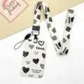 Card holder with lanyard and strap, stylish heart pattern design for student daily use. - Gray Background Black Heart / Long Lanyard
