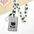Cute black and white plaid card holder with lanyard, cartoon bear design, durable student ID case. - Grid Black Bear / Long Lanyard