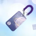 Purple starry card holder with spring lanyard, cute student ID protective badge case model. - Gold Ringed Planet + Purple Spring Rope
