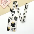 Cute strawberry pattern ID card holder with neck lanyard clear slide design student bus pass cover - Black Strawberry / Long Lanyard