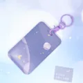 Purple starry aesthetic cardholder with slide cover, cute transparent ID badge holder, key ring. - Purple Moon Planet + Purple Handcuff Clasp