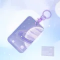 Purple starry sky card holder sliding transparent ID badge protector with practical keyring accessory. - Purple Ringed Planet + Purple Handcuff Clasp