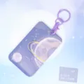 Purple starry sky card holder variant with keychain, cute dreamy design for ID cards. - Gold Ringed Planet + Purple Handcuff Clasp