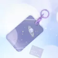 Purple starry sky card holder with sliding cover and keychain, cute space badge sleeve. - Purple Minor Planet + Purple Handcuff Clasp