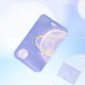 Purple starry sky ID card holder with cute planet design, transparent sliding badge protector case. - Gold Ringed Planet (No Accessories)