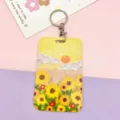 Sunflower oil painting style vertical card holder with metal keychain for students and bus ID. - Oil Painting Sunflower & Round Clasp