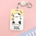 Cute cartoon dog badge card holder with retractable reel and keychain for school bus cards. - Black White Dog + White Retractable Reel (Bear Head)
