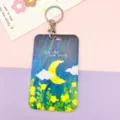 Oil painting style card holder with metal keychain for student bus badge protection - Oil Painting Moon & Round Clasp