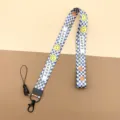 Blaues Karo-Umhängeband mit Smiley-Gesicht und Happy-Buchstaben, langes Lanyard. - Gitter Glücklich / Langes Schlüsselband