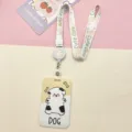 Cute cartoon dog badge holder with retractable reel and lanyard for students bus card ID. - Black White Dog + Cute Planet Rabbit Retractable Reel Long Rope (Beige Bear Head)