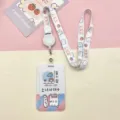 Cute cartoon retractable card holder with lanyard and strawberry design for students. - Korean Sticky Note + Japanese Bear Retractable Reel Long Rope (Line Bear)