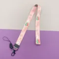 Pink strawberry print polyester lanyard neck strap with badge holder hook for students daily use. - Strawberry Limited Long Lanyard