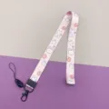 Pink cartoon rabbit strawberry pattern polyester lanyard, cute student ID badge neck strap. - Strawberry Rabbit Long Lanyard