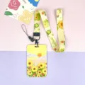 Sunflower oil painting card holder with lanyard student bus badge ID badge holder set - Oil Painting Sunflower with Sunflower Long Lanyard