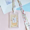 Lindo tarjetero de identificación de osito de dibujos animados con cordón para estudiantes. - Oso Naranja a Rayas / Funda PP Vertical + Cordón Oso Cute Beige Integrado