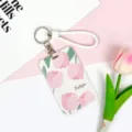 Cute pink tulip print cardholder with white braided strap and metal keychain for daily use. - Five Roses / White Braided Rope