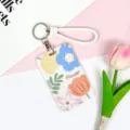Cute floral sliding ID badge holder with white braided strap keychain for students school cards - Flower Four Leaves One Blossom / White Braided Rope