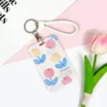 Cute tulip pattern card holder with braided strap student campus ID badge holder key ring - TULIPS Five Flowers / White Braided Rope