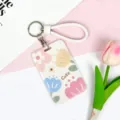 Cute floral sliding card holder with keychain, student ID card protector case for daily use. - Cute Four Flowers / White Braided Rope