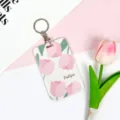 Pink tulip slide card holder with keychain, cute student badge protector for campus ID cards. - Five Roses / Round Buckle