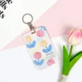 Cute tulip sliding ID card holder with keychain cute student badge protective cover. - TULIPS Five Flowers / Round Buckle