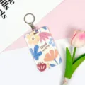 Floral print sliding card holder with keychain, cute student ID badge protective cover case. - Full Screen English Floral / Round Buckle