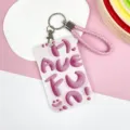 Pink cute student card holder with braided keychain, portable ABS pull-out card protective case. - Pink English Letter / Pink Cord