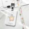Cute duck ID card holder with lanyard, simple student bus subway pass protective case. - Line Duck & Game Bear Long Lanyard